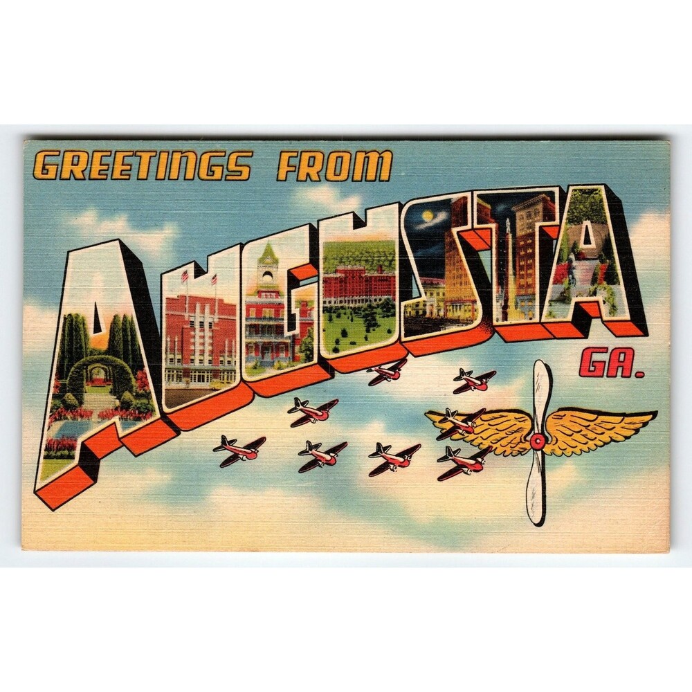 Vintage 1947 Large Letter Greetings From Augusta GA Linen Postcard Airplanes